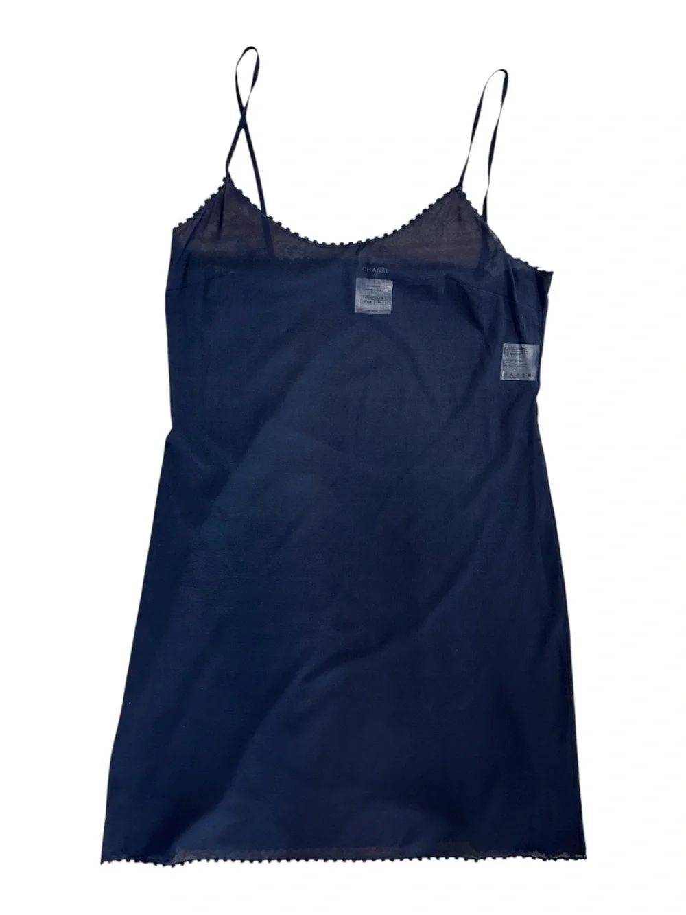 CHANEL Navy Sheer Slip Dress with Delicate Trim